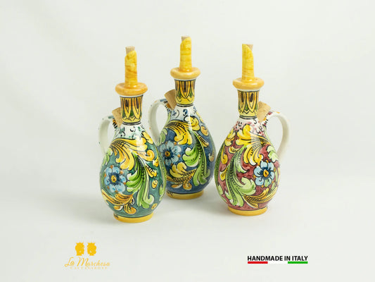 Oliera in Ceramica di Caltagirone decorata a mano tonda doppio tappo