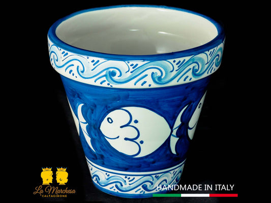 Vaso Ceramica di Caltagirone porta pianta pesci blu bianco